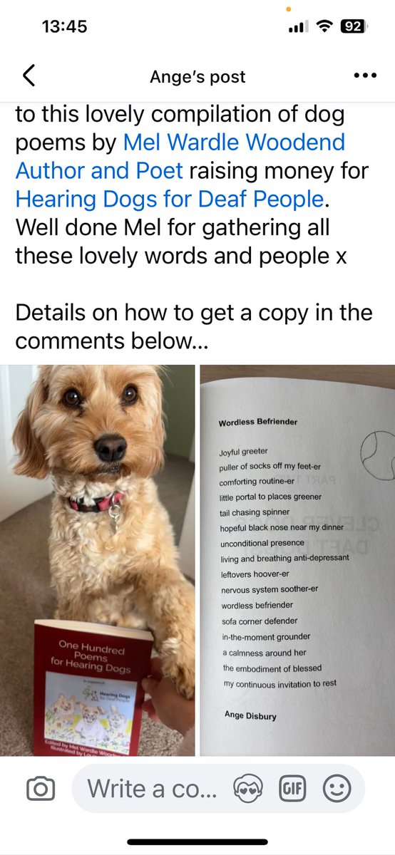 How wonderful to see happy dog recipients enjoying their copies of One Hundred Poems for <a href="/HearingDogs/">Hearing Dogs for Deaf People</a>

Here is Millie Disbury enjoying a poem written by her Mum, Ange 🐕‍🦺🐾🐾❤️