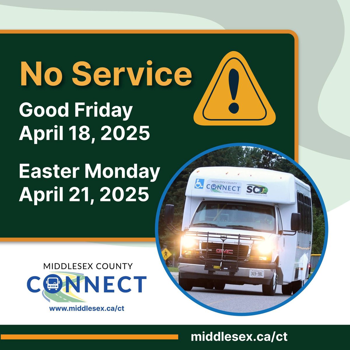 #CountyConnect Alert:

No Middlesex County Connect service Fri, Apr 18 (Good Friday) &amp; Mon, Apr 21 (Easter Monday). Service resumes Tues, Apr 22. 

Starting Apr 22, website alerts will be temporarily paused. Get real-time updates on the Blaise Transit app or call 1-888-465-0783