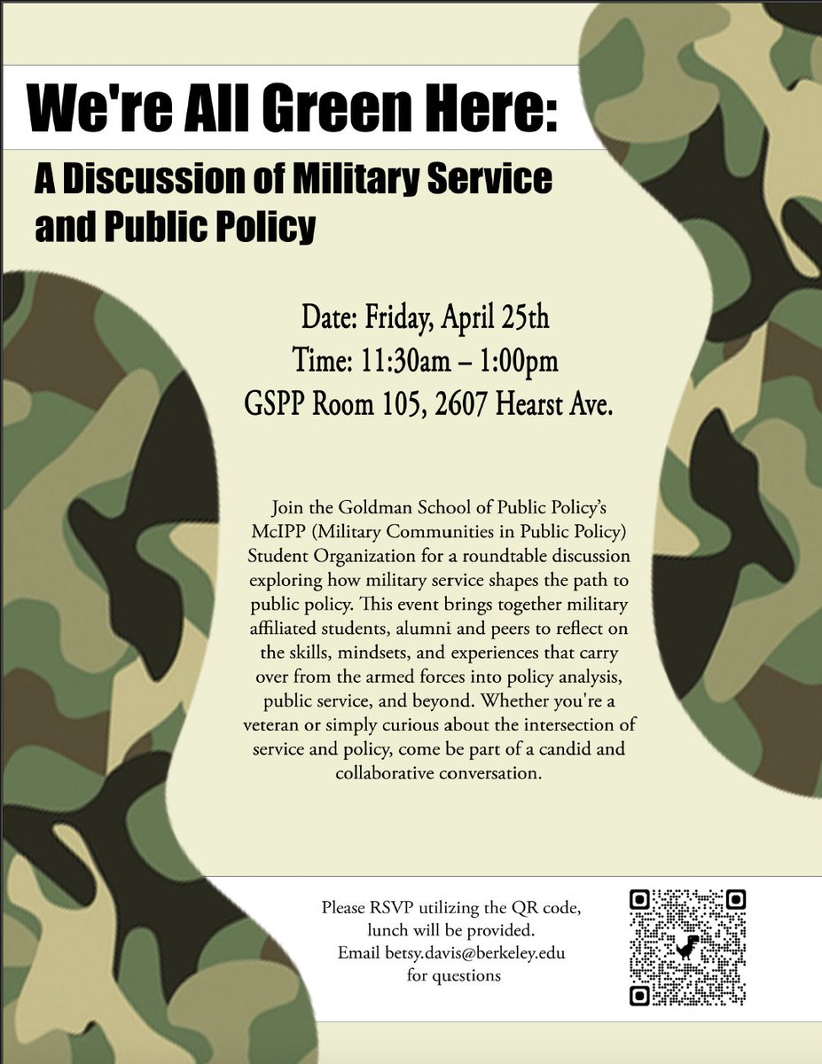 🎖️How does military service shape public policy paths? Join McIPP on 4/25 (11:30–1, GSPP Rm 105) for "We’re All Green Here", a roundtable with student veterans &amp; peers. Light lunch provided! 

RSVP 👉 lnkd.in/gyY-rsXa

#VeteransInPolicy #GSPP #PublicService