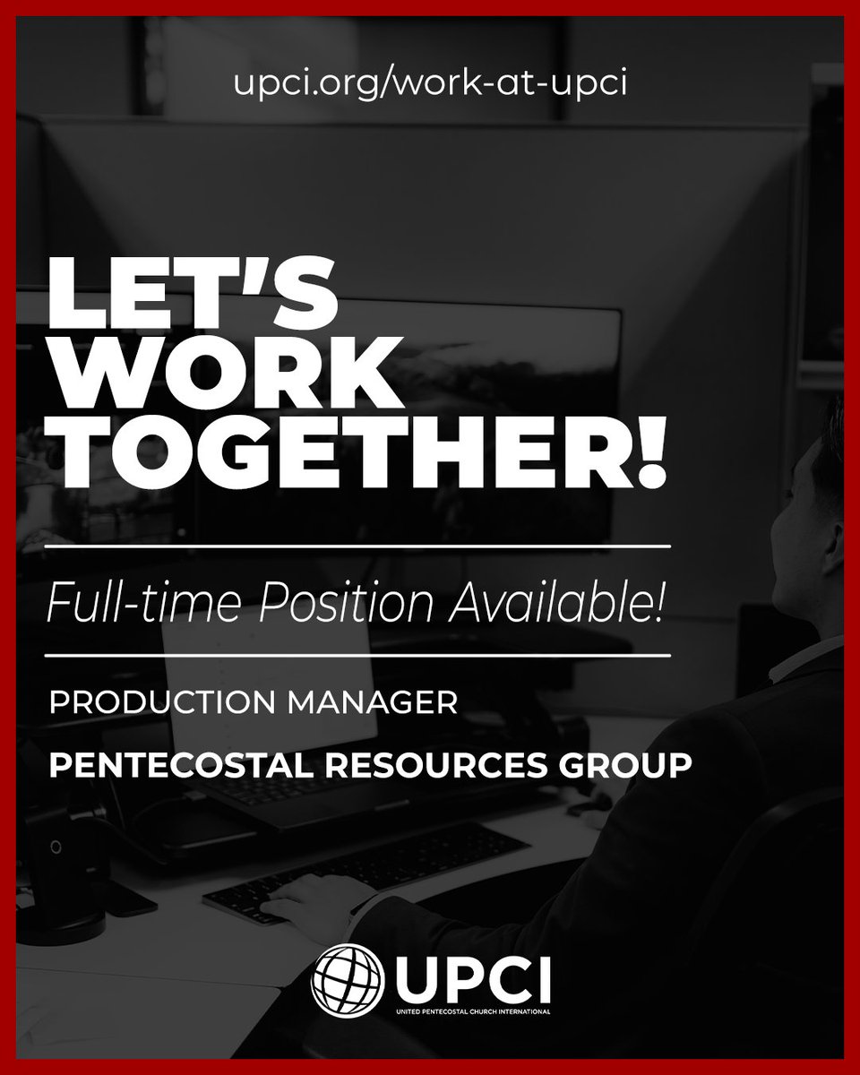 The UPCI has a full-time job opportunity available in Pentecostal Resources Group. Visit upci.org/work-at-upci/ to search all open positions and to apply online. Position in Missouri.