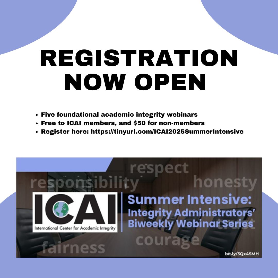 Registration is now open for the ICAI Summer Intensive Webinar Series.

Join us for five foundational academic integrity webinars. 

Registration is free for ICAI members and just $50 for non-members (includes all five sessions!). Register at tinyurl.com/ICAI2025Summer…