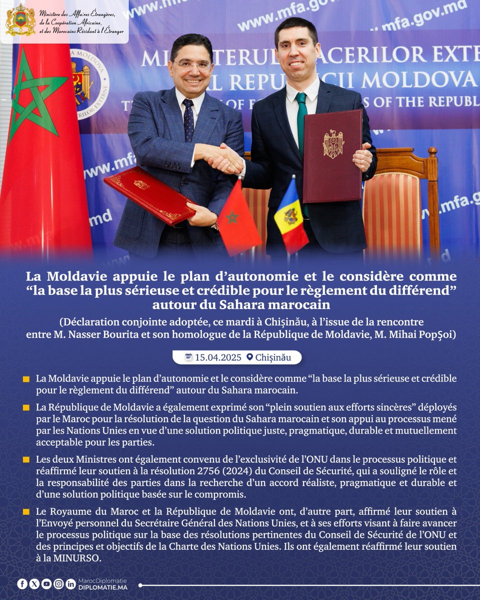 #Sahara_marocain : La Moldavie appuie le plan d’autonomie et le considère comme “la base la plus sérieuse et crédible pour le règlement du différend” autour du Sahara marocain
