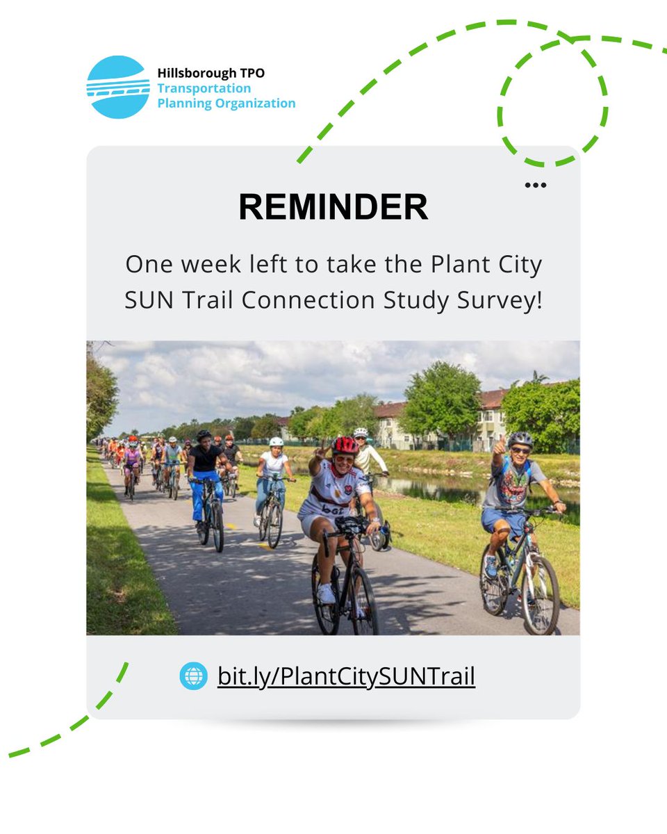 There's only week left to take the Plant City SUN Trail Connection Study Survey! Provide your feedback on alternative trail alignments to connect Plant City to the statewide SUN Trail network. This is the perfect opportunity to help shape the future of local trails. Visit
