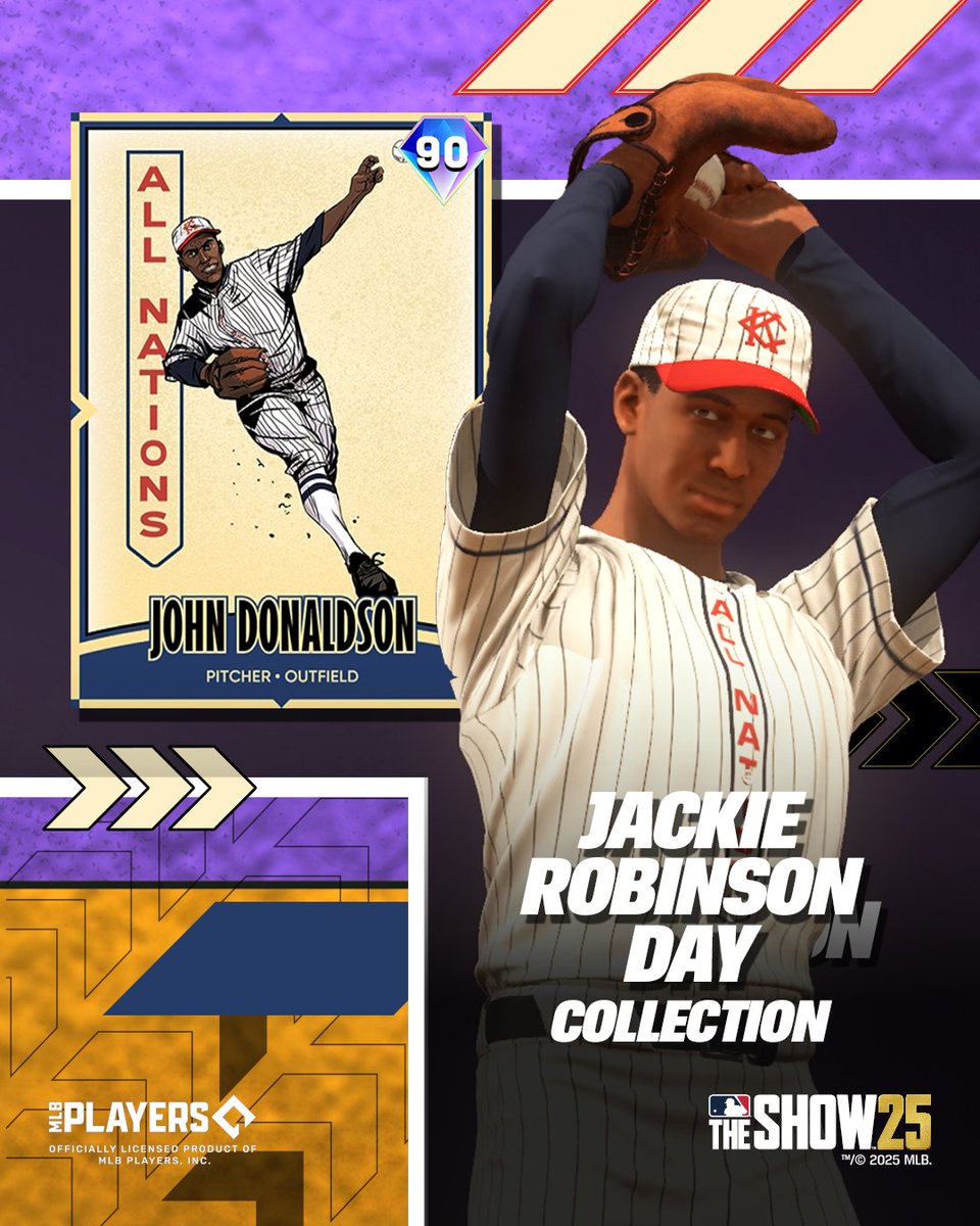 MLBTheShow's tweet photo. Here is the Jackie Robinson Day Collection in MLB The Show 25 🔥
Celebrate the legends by collecting the Negro Leagues Series player items:

💎 Collect 13 for Larry Doby
💎 Collect 20 for John Donaldson

Add these two legends to your squad!
Available at noon PT🧢

#MLBTheShow #JackieRobinsonDay
