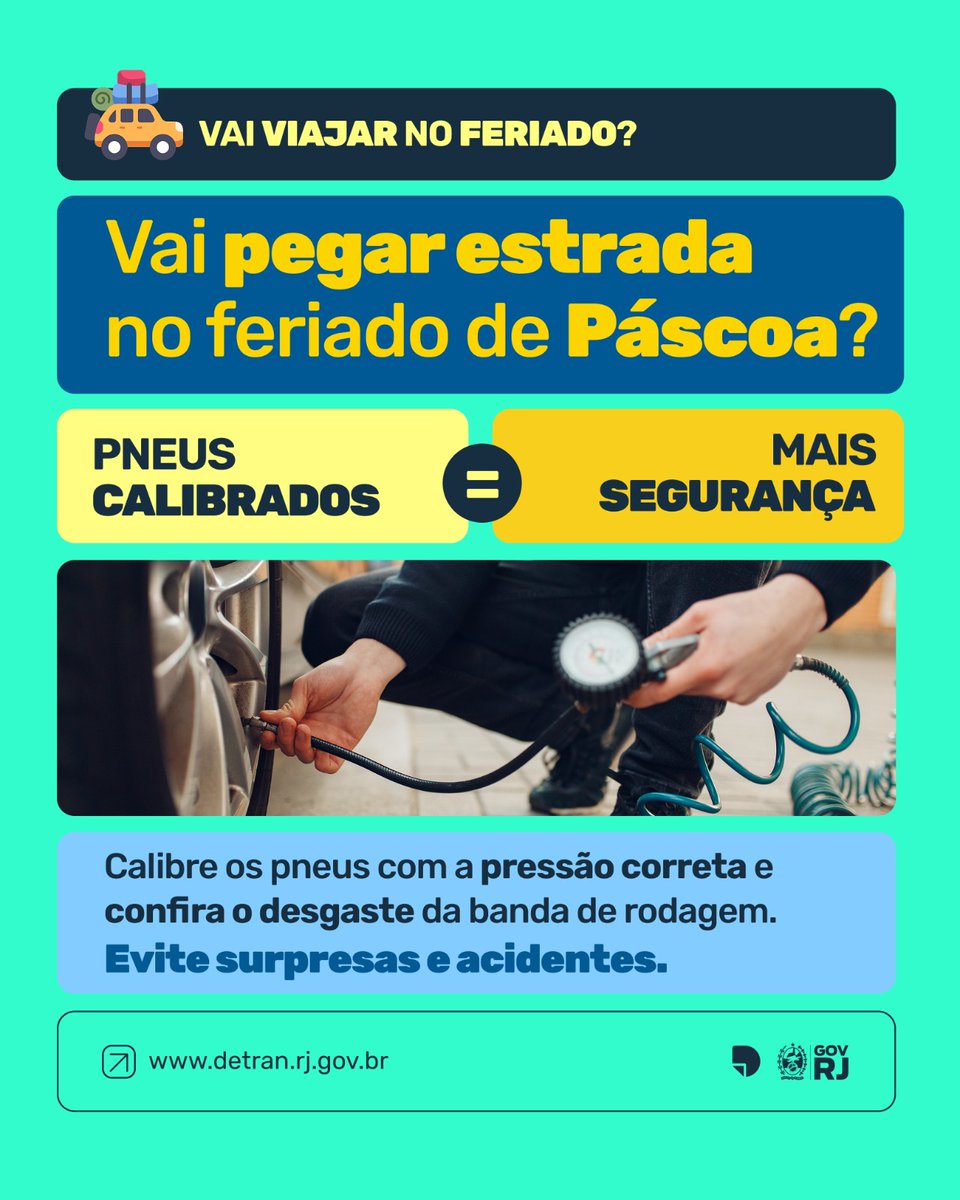 DetranRJ's tweet photo. ⚠️ Feriado combina com descanso, não com imprevistos!

Antes de viajar, confira os pneus do seu carro:
✔ Calibragem correta
✔ Desgaste da banda de rodagem

#DicaDeViagem #ACidadaniaNosMove #DetranRJ #GovRJ https://t.co/KdQULAViHO