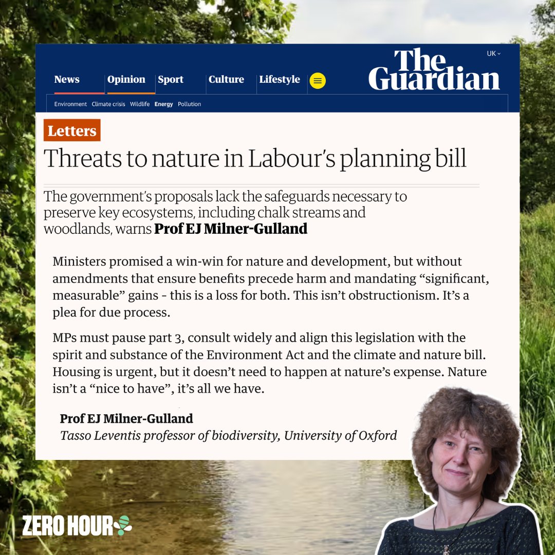 Zero Hour @zero-hour.bsky.social (@zerohour_uk) on Twitter photo 📢 <a href="/EJMilnerGulland/">EJ Milner-Gulland</a>: MPs must pause Part III of the Planning Bill—consult widely—and align it with the spirit and substance of the Environment Act and #CANBill. Housing’s urgent—but it doesn’t need to happen at #nature’s expense. Nature isn’t a “nice to have”. It’s all we have. 📢 <a href="/EJMilnerGulland/">EJ Milner-Gulland</a>: MPs must pause Part III of the Planning Bill—consult widely—and align it with the spirit and substance of the Environment Act and #CANBill. Housing’s urgent—but it doesn’t need to happen at #nature’s expense. Nature isn’t a “nice to have”. It’s all we have.