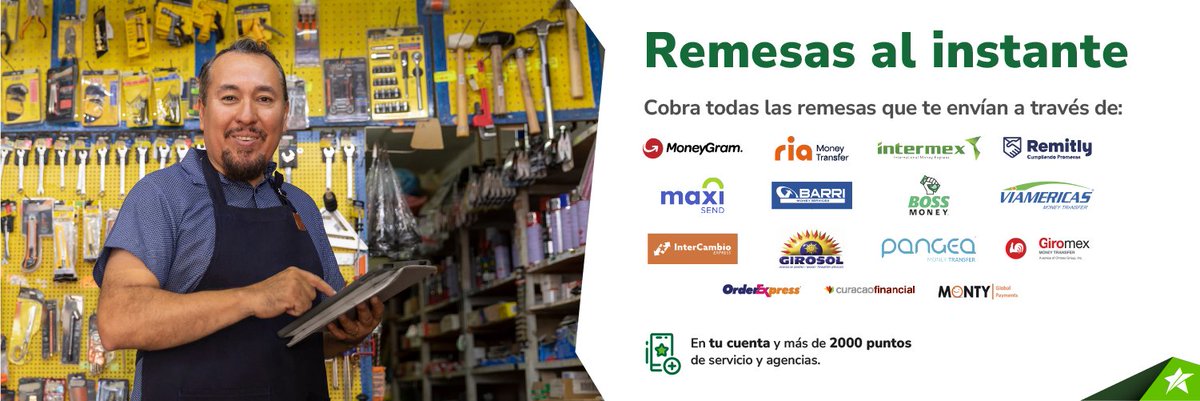 🌎 ¿Recibes remesas? ¡Tenemos todas las opciones para ti! 💸
  
Desde tu cuenta monetaria o ahorro, hasta más de 2,000 puntos de servicio y agencias, cobra tus remesas más fácil y lo mejor ¡sin colas!

#CobraFácil #RemesasSeguras #MásOpciones #ServicioConfiable #DineroSinLímites