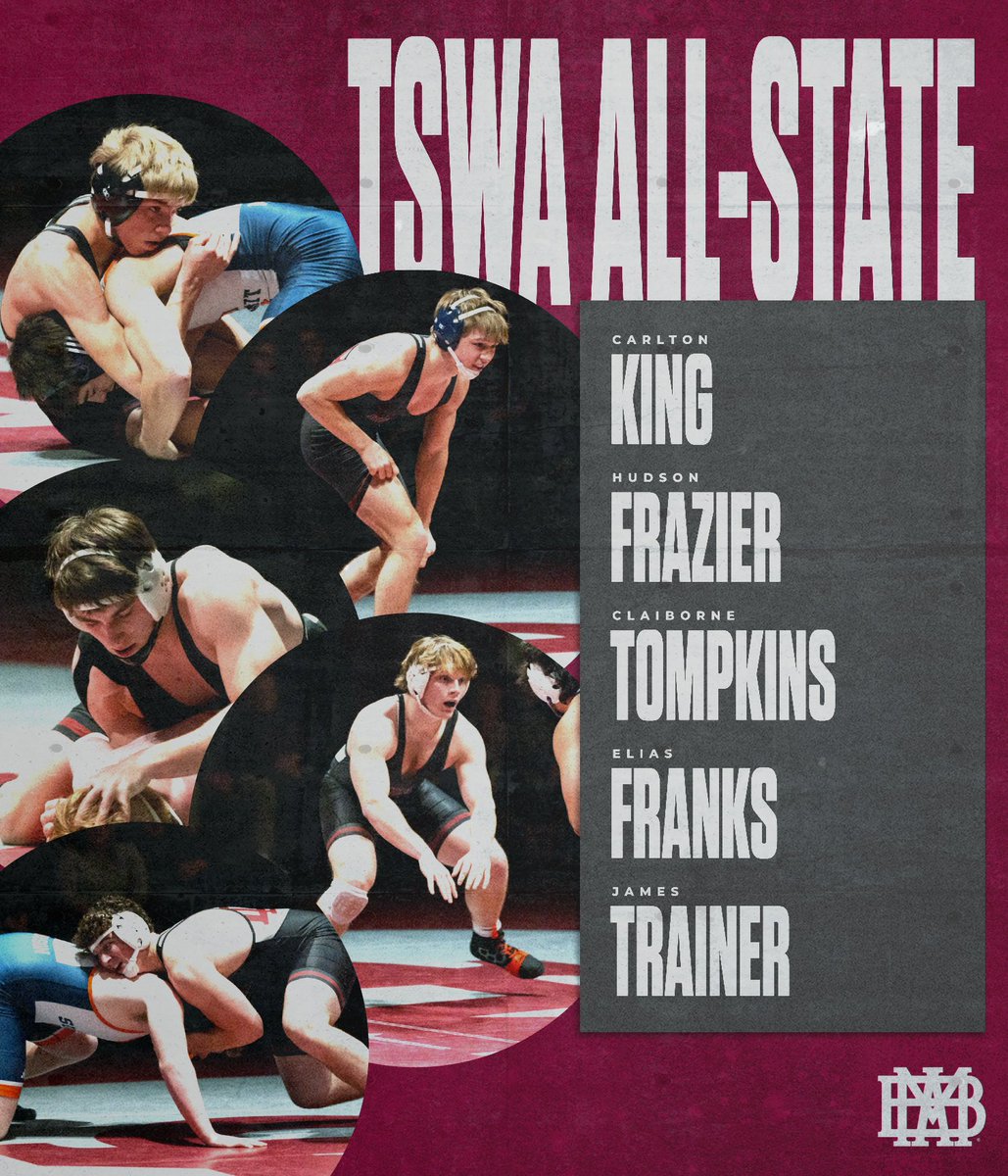 Congratulations to the five MBA wrestlers that earned All-State selections from the Tennessee Sports Writers Association!

Carlton King (113 lb)
Hudson Frazier (144 lb)
Claiborne Tompkins (175 lb)
Elias Franks (215 lb)
James Trainer (285 lb)

Four of the five represented the Big