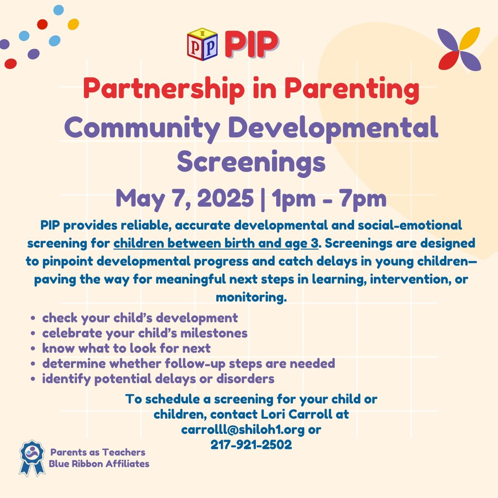 Community Developmental Screenings on Wednesday, May 7, 2025 from 1:00-7:00 pm.

Contact Lori Carroll to schedule a developmental screening for your 0-3 year old!