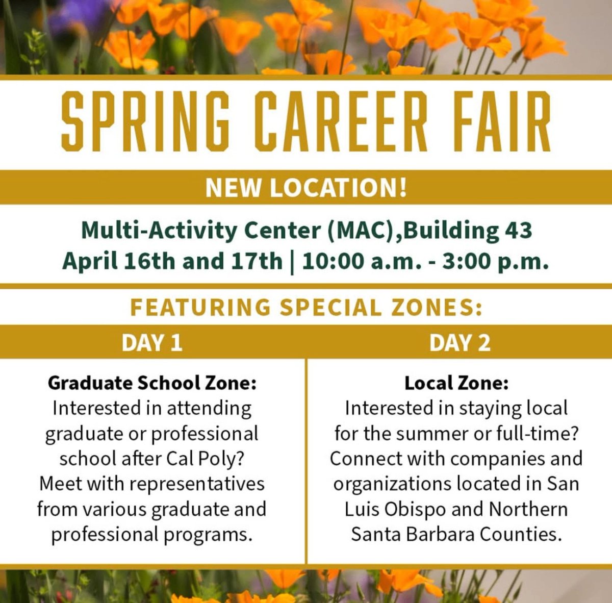 Join us for the last Career Fair of the 2024-25 school year! 💼

Put on your business attire and head to the Multi-Activity Center (No. 43) between 10 a.m. and 3 p.m. on April 16 or 17. Check out MustangJobs to preview all of the organizations attending.