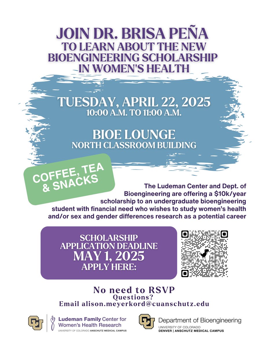 Announcing: the Ludeman Family Center for Women's Health Research scholarship for bioengineering undergrad students interested in doing women’s and/or sex differences research. Deadline May 1.  For more information, please join us this April 22 at 10am in NC.