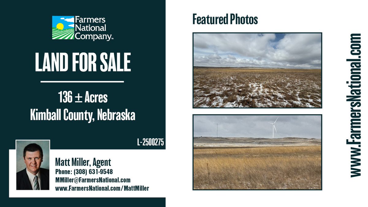 FarmersNational's tweet image. #Land For Sale!
136 acres in Kimball County, #Nebraska.
Unique property for #futuredevelopment! Great #access to major highways. Potential to be tailored to fit your needs.
🔗farmersnational.com/real-estate/pr…