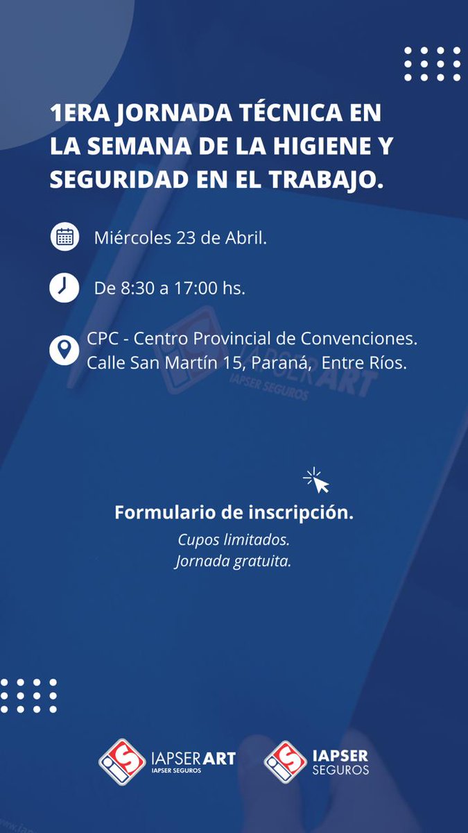 IAPSERoficial's tweet photo. Te invitamos a una jornada para capacitarte, actualizarte y encontrarte con colegas. Organizan: IAPSER Seguros e IAPSER Seguros ART – Prevención. Cupos limitados. Inscribite en https://t.co/KEUz9lMqJV #IAPSER #ART #Prevención #HigieneySeguridad https://t.co/1aXRxvAvB6