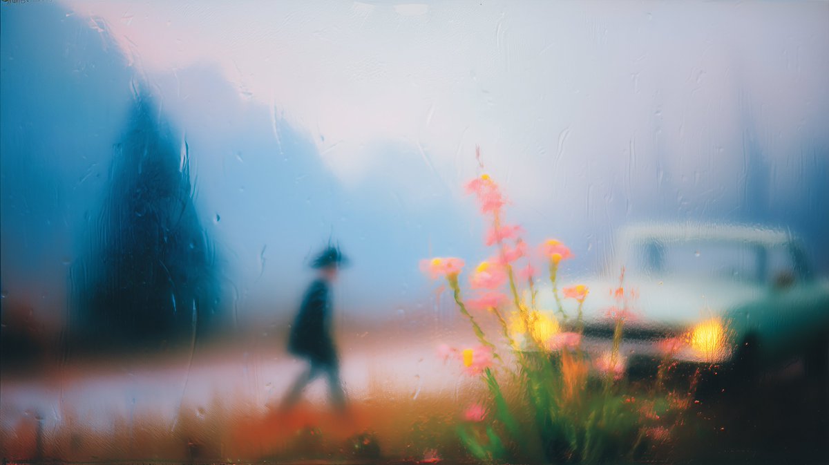 nickfloats's tweet image. more blending in --v 7, this time playing with the idea of impressionism captured through a rain soaked windows