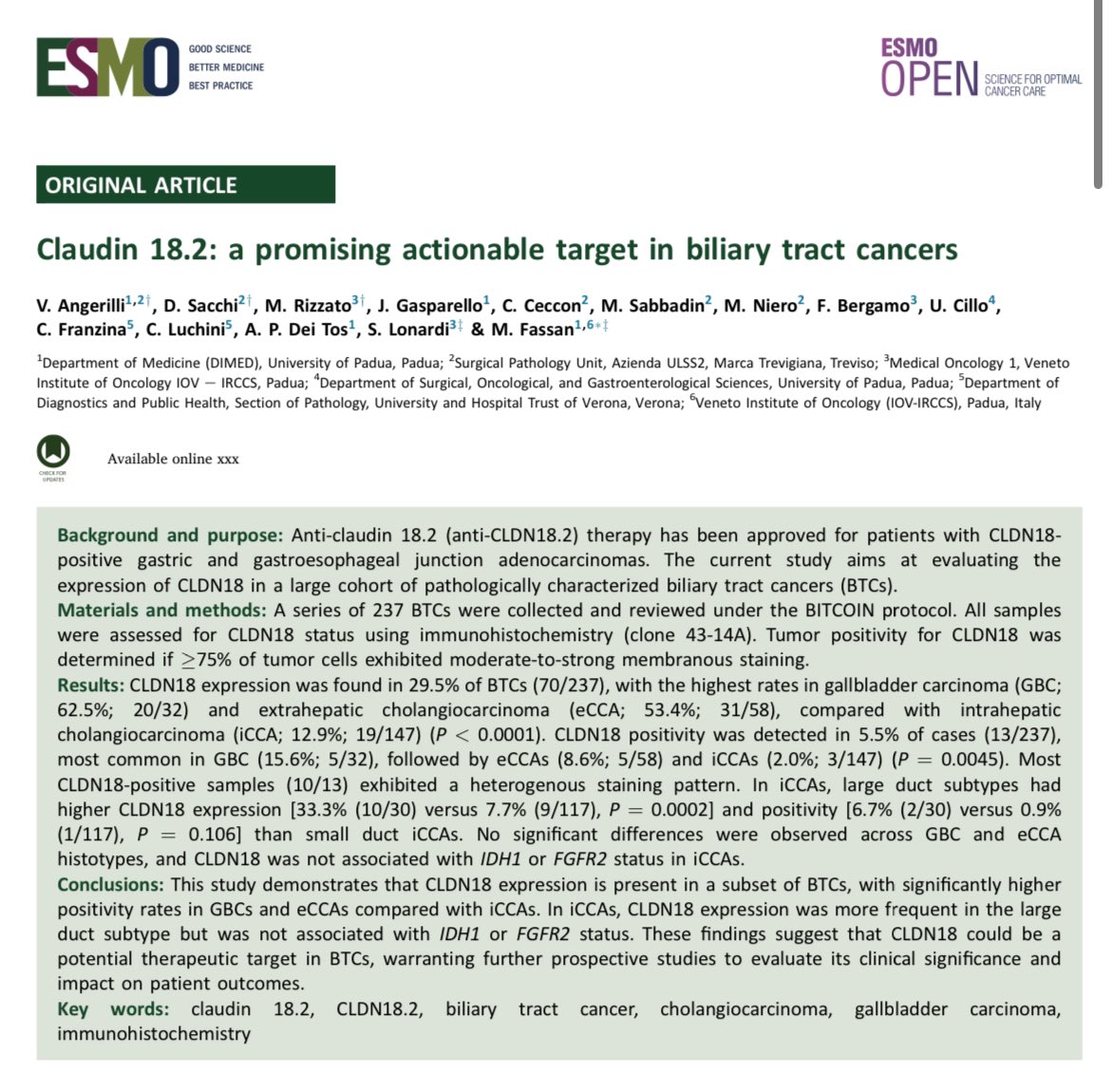 🟡Is Claudin 18.2 expressed in biliary tract cancers?
<a href="/ESMO_Open/">ESMO Open</a> 

✅29.5% express
gallbladder: 62.5%, extrahepatic: 53.4%, intrahepatic: 12.9%

✅Positivity (if ≥75% of tumor cells): 5.5%
gallbladder: 15.6%, extrahepatic: 8.6%, intrahepatic: 2%

❓A potential target for