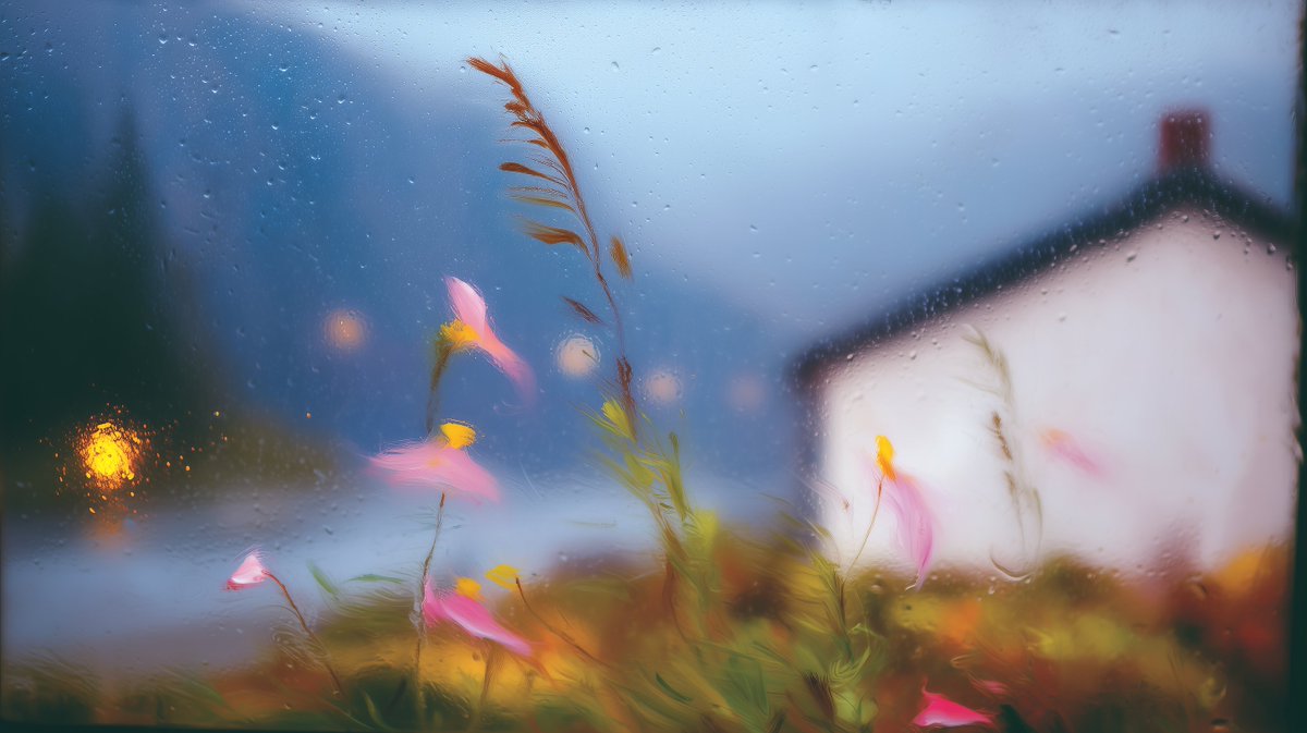 nickfloats's tweet image. more blending in --v 7, this time playing with the idea of impressionism captured through a rain soaked windows