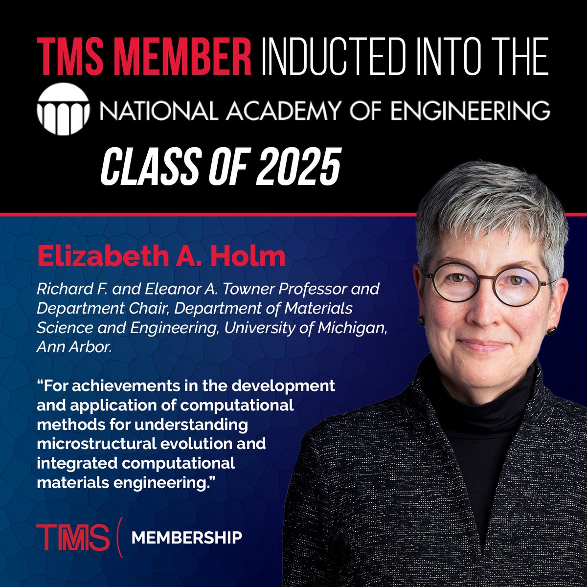 TMS (@tmssociety) on Twitter photo 👏 Celebrating Dr. Elizabeth A. Holm!
We’re thrilled that Dr. Holm, a TMS member and department chair at the <a href="/UMich/">University of Michigan</a>, has been elected to the NAE Class of 2025!
Her work continues to shape the future of computational materials science. 👏 Celebrating Dr. Elizabeth A. Holm!
We’re thrilled that Dr. Holm, a TMS member and department chair at the <a href="/UMich/">University of Michigan</a>, has been elected to the NAE Class of 2025!
Her work continues to shape the future of computational materials science.