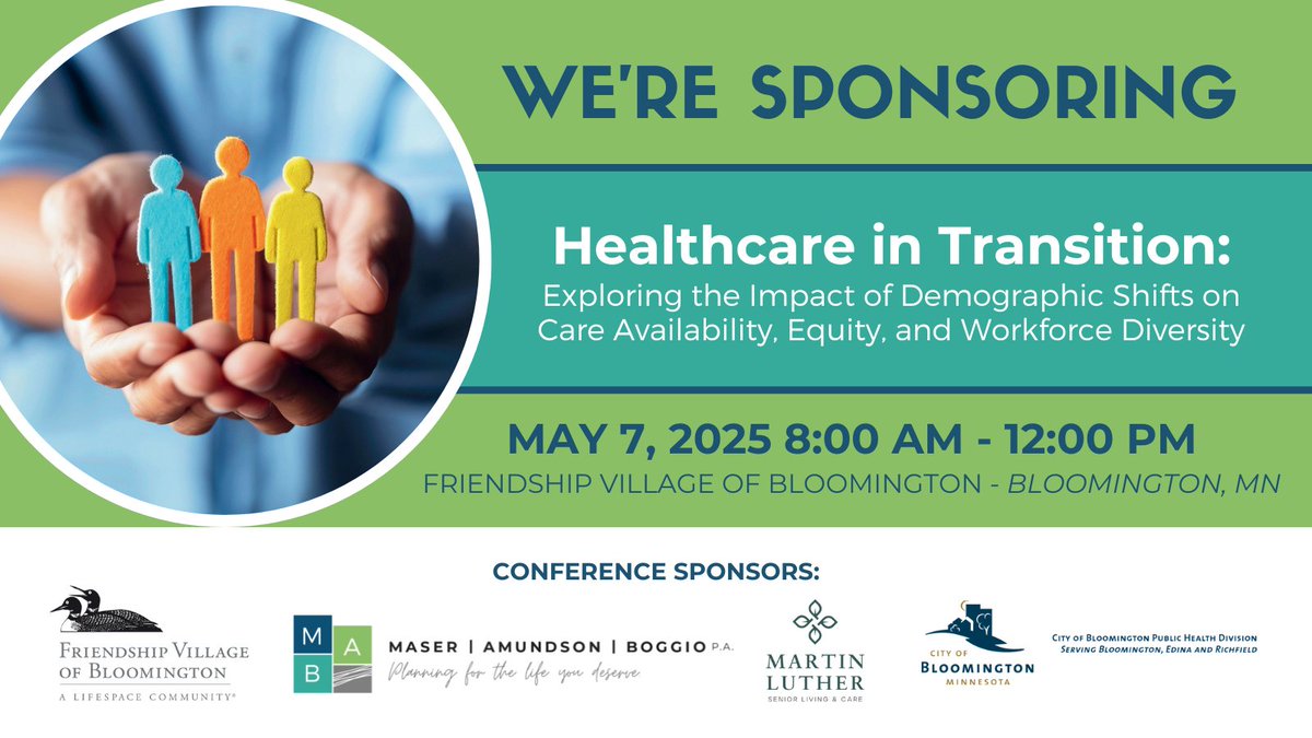 everbrightlaw's tweet image. We’re proud to be a sponsor of the upcoming “Healthcare in Transition” Spring Conference at Friendship Village of Bloomington.
Join us on May 7 to earn 3 FREE CEU credits and also connect with other professionals — RSVP now: martinluthercampus.com/event/spring-c…
#springconference #healthcare