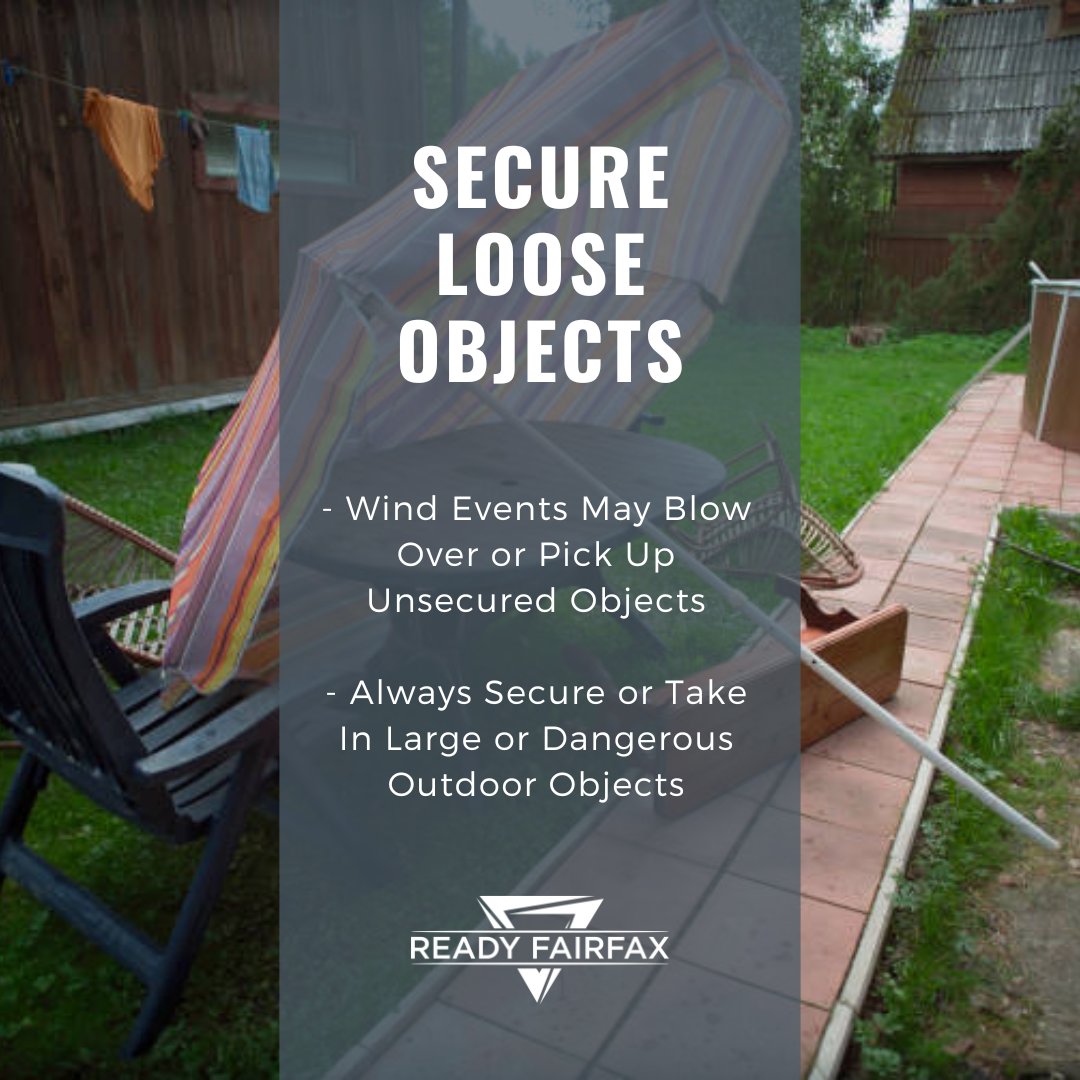 ReadyFairfax's tweet image. Don’t let your stuff can go on an adventure! 🏃‍♂️💨 Secure loose outdoor items like patio furniture and trash bins to prevent hazards. #StaySafe #WindyWeather