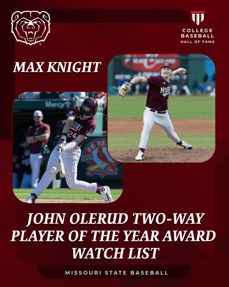 Missouri State Baseball (@mostatebsb) on Twitter photo Two for the price of one.
<a href="/maxwellknight14/">maxwell knight</a> is on the John Olerud Two-Way Player of the Year Award watch list π
π bit.ly/3ErsVu7 Two for the price of one.
<a href="/maxwellknight14/">maxwell knight</a> is on the John Olerud Two-Way Player of the Year Award watch list π
π bit.ly/3ErsVu7