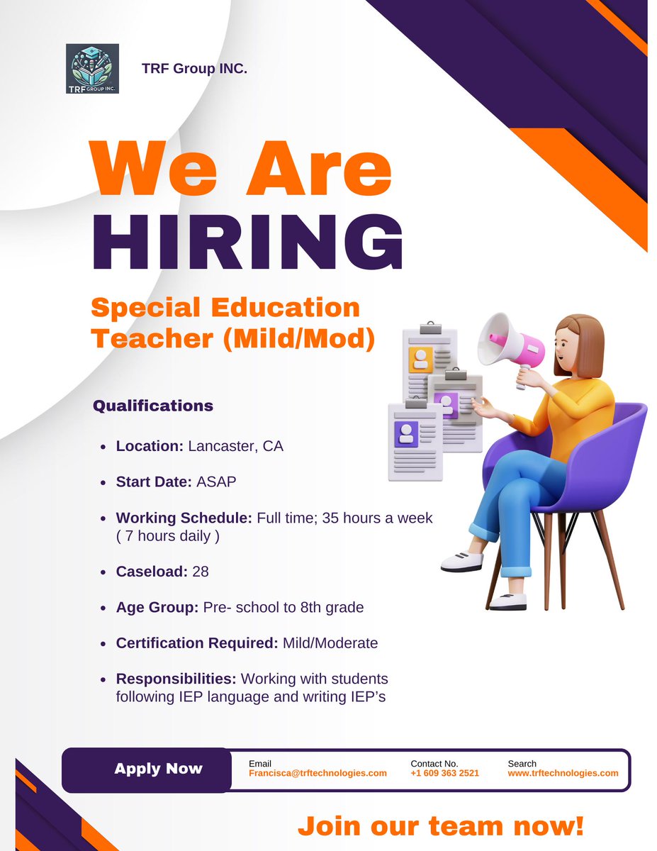 Lisa Haydon (She/Her) (@trftechnologies) on Twitter photo π£ Weβre hiring a Special Education Teacher (Mild/Mod)!
π Lancaster, CA | π Full-time
π― Caseload: 28 | Grades: Pre-Kβ8
π Cert: Mild/Moderate
π© Apply today: francisca@trftechnologies.com
π trftechnologies.com
#WeAreHiring #TRFGroupInc #HiringNow #TRFTechnologies #JoinUs π£ Weβre hiring a Special Education Teacher (Mild/Mod)!
π Lancaster, CA | π Full-time
π― Caseload: 28 | Grades: Pre-Kβ8
π Cert: Mild/Moderate
π© Apply today: francisca@trftechnologies.com
π trftechnologies.com
#WeAreHiring #TRFGroupInc #HiringNow #TRFTechnologies #JoinUs