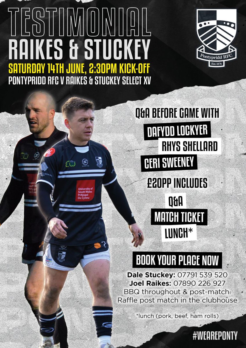 Pontypridd RFC (@pontypriddrfc) on Twitter photo ๐๐๐๐๐๐ & ๐๐๐๐๐๐๐ ๐๐๐๐๐๐๐๐๐๐๐ ๐๐๐๐๐ ๐
We are pleased to announce that the Testimonial Match for Club legends <a href="/JoelRaikes/">Joel Raikes</a> and <a href="/StuckeyDale/">Dalestuckey</a> will take place on Saturday 14th June ๐
โ ๏ธ A bumper day in store ๐๐ponty.net/raikes-stuckeyโฆ
#WeArePonty โซ๏ธโช๏ธ ๐๐๐๐๐๐ & ๐๐๐๐๐๐๐ ๐๐๐๐๐๐๐๐๐๐๐ ๐๐๐๐๐ ๐
We are pleased to announce that the Testimonial Match for Club legends <a href="/JoelRaikes/">Joel Raikes</a> and <a href="/StuckeyDale/">Dalestuckey</a> will take place on Saturday 14th June ๐
โ ๏ธ A bumper day in store ๐๐ponty.net/raikes-stuckeyโฆ
#WeArePonty โซ๏ธโช๏ธ