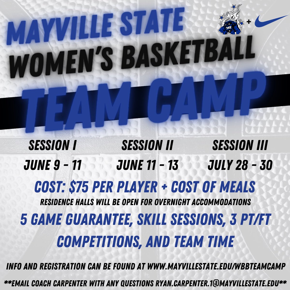 Still have open spots in all 3 team camp sessions! DM or email Coach Carpenter with any questions about the camp! 
mayvillestate.edu/wbbteamcamp