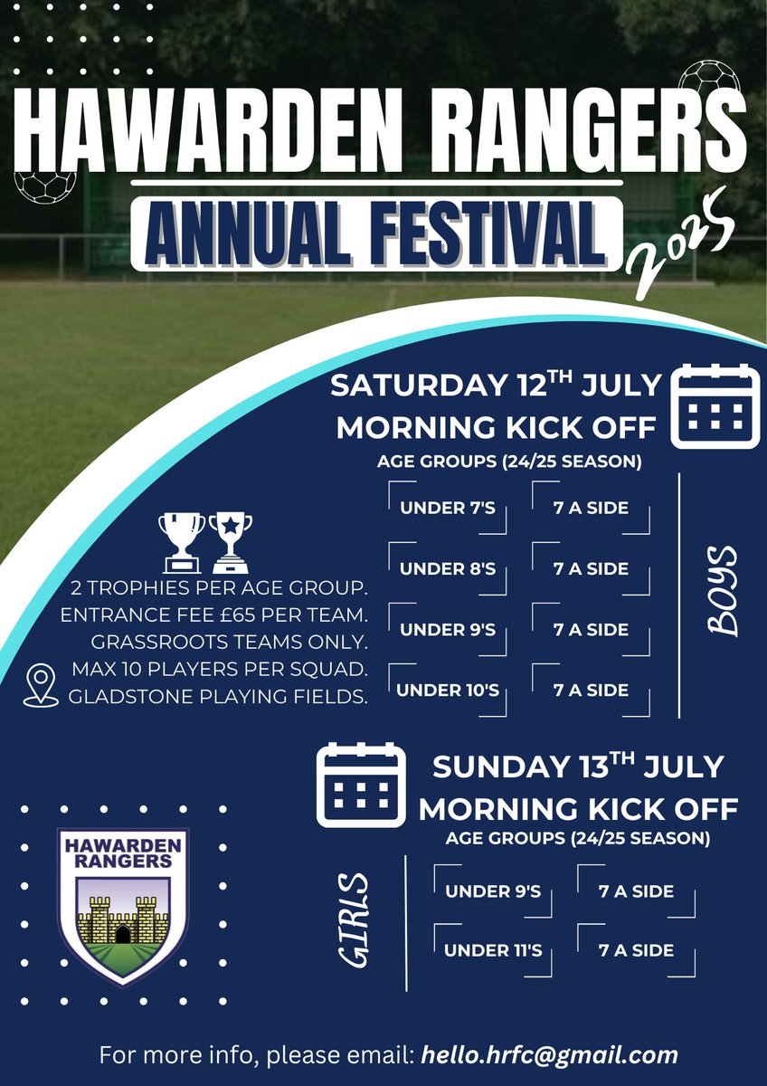 ⚽️🏆ANNUAL FOOTBALL FESTIVAL🏆⚽️

Get ready for the Annual Hawarden Rangers Football Festival, held at Gladstone Playing Fields!

Contact us via email for further information and to register your grassroots team - hello.hrfc@gmail.com

Further details below ⬇️ 

#DontBeAStranger