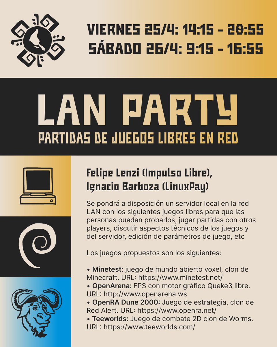 flisoluy_'s tweet photo. 💻 Durante ambos días se van a estar llevando a cabo las siguientes actividades continuas:

📀 Install Fest

💿 LAN Party

🔗 Más informaciónhttps://wiki.flisol.uy/montevideo/2025

@esp_Colabora https://t.co/0bYMsCS32Z
