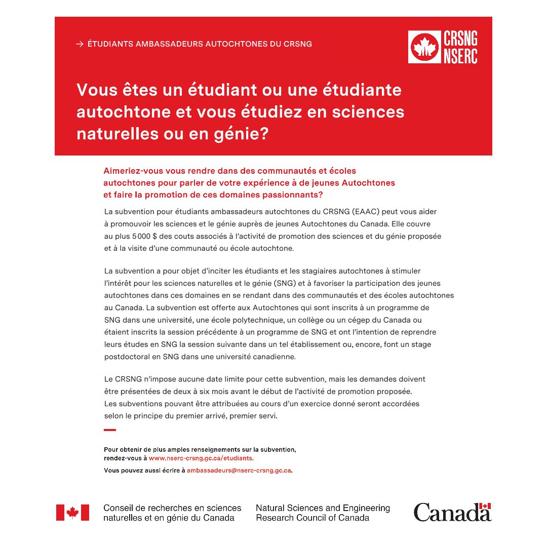 Etuaptmumk/Two Eyed Seeing Program (est. 2016) (@tes_program) on Twitter photo Indigenous college/university students:
Want to promote science or engineering in your community? Apply for up to $5,000 through NSERC's Indigenous Student Ambassadors (NISA) grant!
đĄÂ Host workshops, booths & more.
đ©Â ambassadors@nserc-crsng.gc.ca
đ nserc-crsng.gc.ca/students-etudiâŠ). Indigenous college/university students:
Want to promote science or engineering in your community? Apply for up to $5,000 through NSERC's Indigenous Student Ambassadors (NISA) grant!
đĄÂ Host workshops, booths & more.
đ©Â ambassadors@nserc-crsng.gc.ca
đ nserc-crsng.gc.ca/students-etudiâŠ).