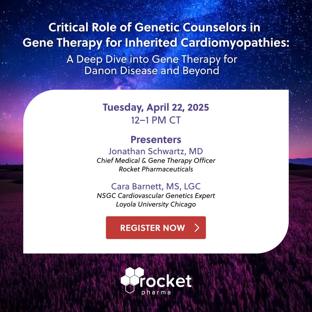 Rocket Pharmaceuticals (@rocketpharma) on Twitter photo On April 22, #TeamRocket will host a webinar with
<a href="/GeneticCouns/">Genetic Counselors</a> on the potential of #GeneTherapy to provide a one-time treatment for inherited cardiomyopathies, including #Danon disease, featuring Jonathan Schwartz, Chief Medical & Gene Therapy Officer.
ow.ly/sNuF50Vot8b On April 22, #TeamRocket will host a webinar with
<a href="/GeneticCouns/">Genetic Counselors</a> on the potential of #GeneTherapy to provide a one-time treatment for inherited cardiomyopathies, including #Danon disease, featuring Jonathan Schwartz, Chief Medical & Gene Therapy Officer.
ow.ly/sNuF50Vot8b