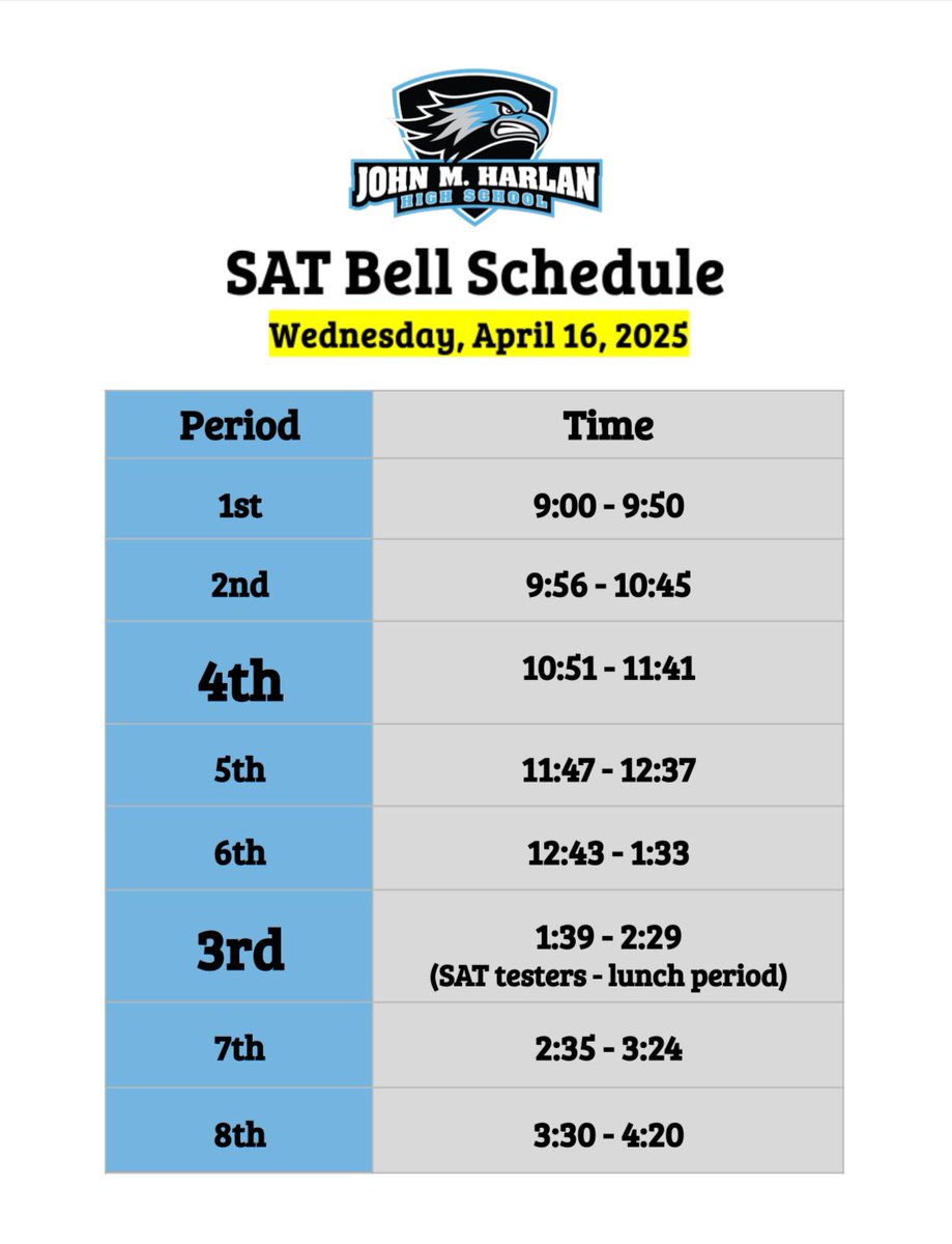 Cynthia Tapia (@cynthiaatapia) on Twitter photo Wed, April 16th is SAT School Day. All juniors should bring their fully charged NISD Chromebook and the charger. An email was sent to Juniors with their room assignment. All other students will follow the SAT Bell schedule. <a href="/NISDHarlan/">Harlan High School</a> Wed, April 16th is SAT School Day. All juniors should bring their fully charged NISD Chromebook and the charger. An email was sent to Juniors with their room assignment. All other students will follow the SAT Bell schedule. <a href="/NISDHarlan/">Harlan High School</a>