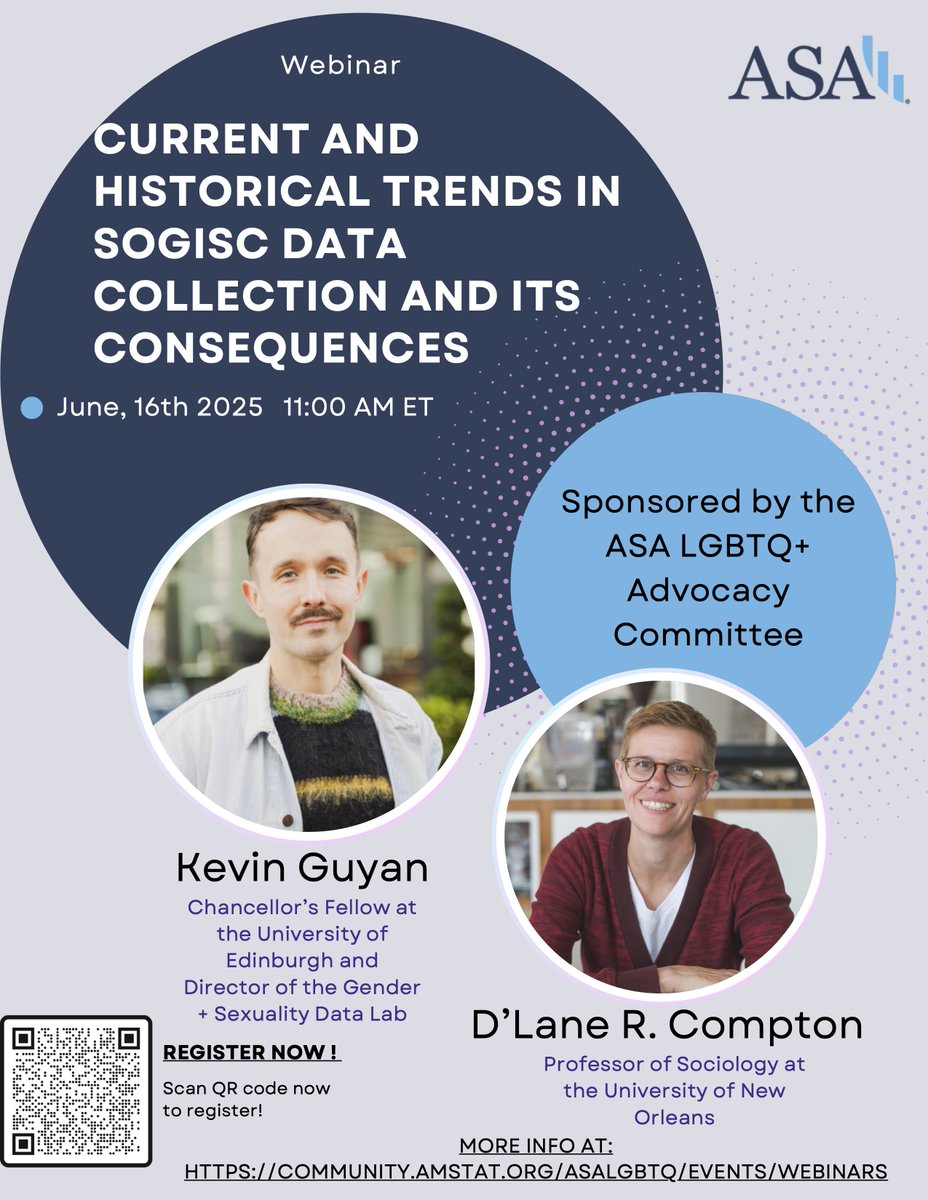 Upcoming and relevant webinar: Current and Historical Trends in SOGISC Data Collection and Its Consequences. More information at: community.amstat.org/asalgbtq/event… <a href="/AmstatNews/">ASA</a>