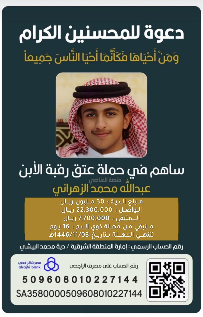 قصة هذا الشاب محزنة وتستحق التعاطف..

كان يدافع عن نفسه، فلما سجن بُرّئ وخرج إلى والديه، ثم أُعيد فتح القضية ورجع إلى السجن ومات والده كمداً عليه وبقيت أمه وحيدة!

ما عاد إلا أسبوعين، تبرّع باللي تقدر عليه، أو ساهم بنشر الحالة أقل شيء عسى تكون سبب في الإفراج عنه.