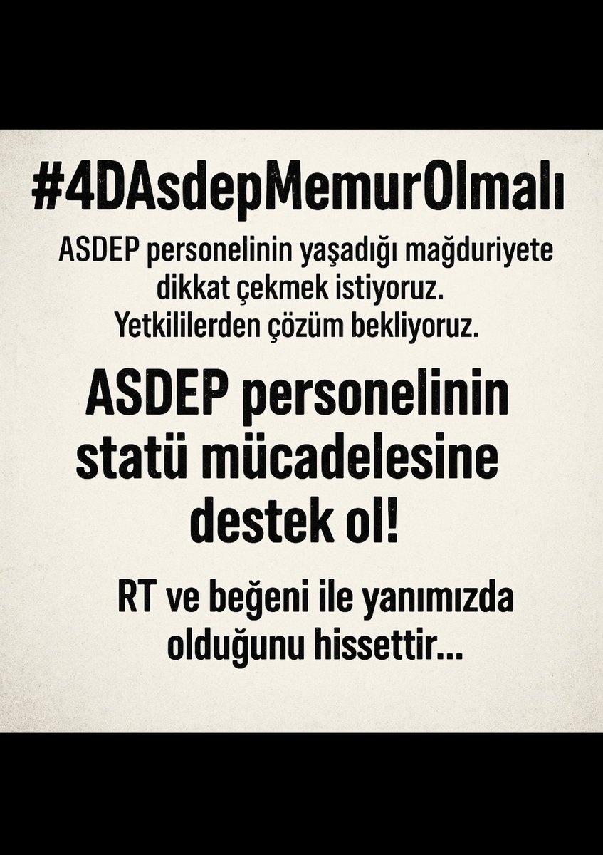 ASDEP sahada, afette, kriz anında hep en önde!
Ama özlük hakları konusunda 9 yıldır geride, hak taleplerini dile getirmekte!

#KPSSliASDEPİşçisi  
<a href="/MahinurOzdemir/">Mahinur Özdemir Göktaş</a>
  
<a href="/tcailesosyal/">T.C. Aile ve Sosyal Hizmetler Bakanlığı</a>