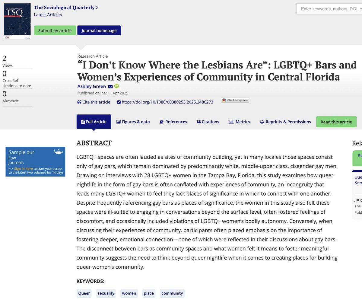 ONLINE FIRST

In this new TSQ article, Ashley Green draws on in-depth interviews to explore LGBTQ+ women's experiences within gay bars.

Read more at bit.ly/4lyxWlo