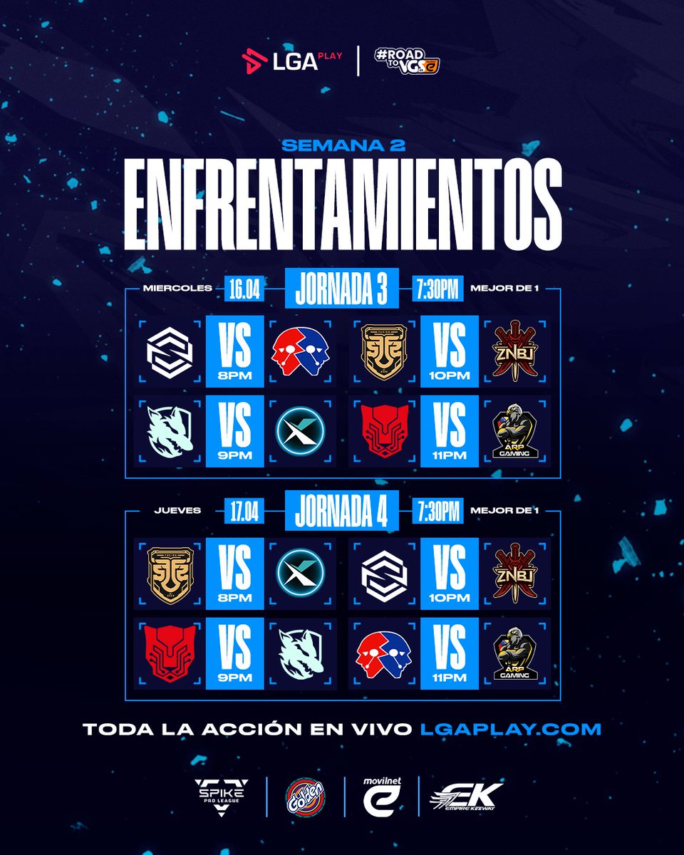 ¡Activos, agentes! Mañana daremos inicio a una NUEVA SEMANA del mejor Valorant nacional, prepárate para VIVIR LA EMOCIÓN de cada enfrentamiento que nos espera en esta jornada. 💥

¡Sigue toda la adrenalina de estos encuentros en nuestro canal de Twitch! 🙌🏼

#SpikeProLeagueS5