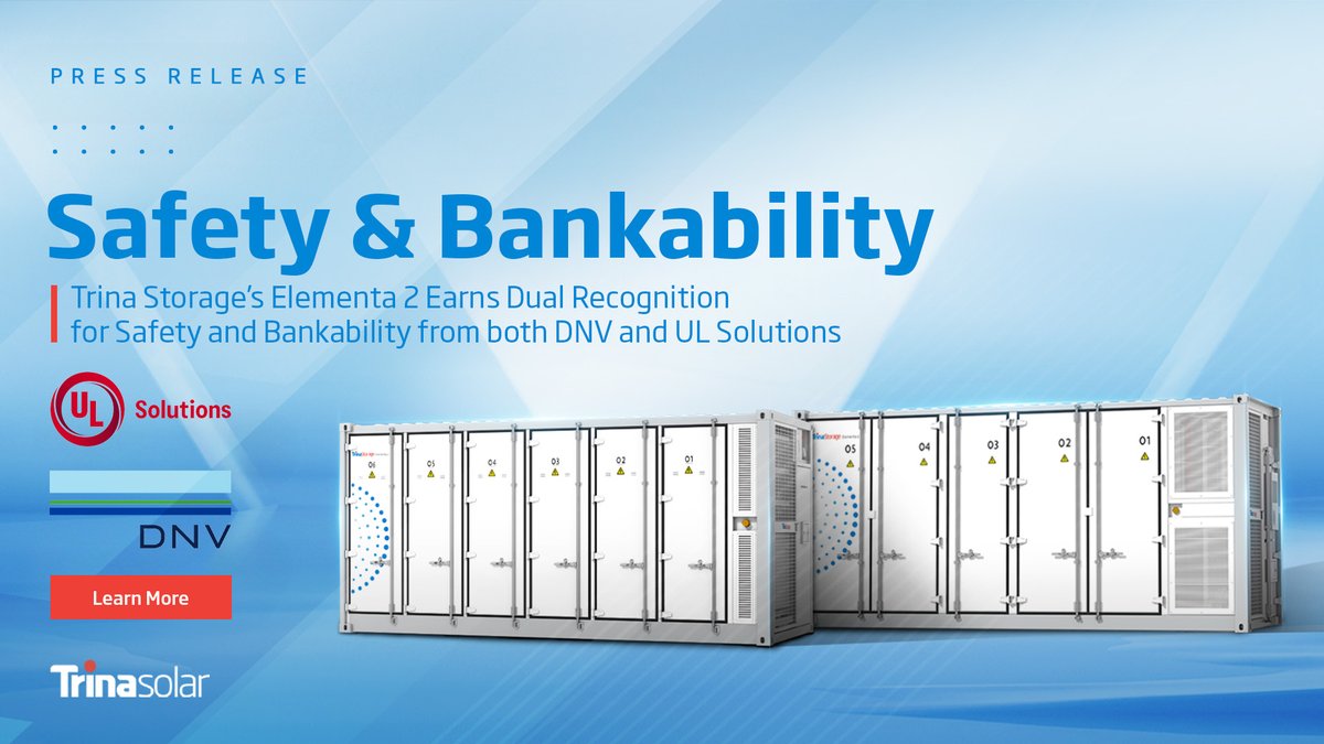 TrinaSolarUS's tweet image. ⚡️ Big news from #TrinaStorage! The #Elementa 2 battery system has officially earned recognition for both safety and bankability from DNV and @UL_Solutions! 

This sets a new standard in performance and reliability. 💪

Learn more: bit.ly/3G8kKmZ

#TrinasolarUS