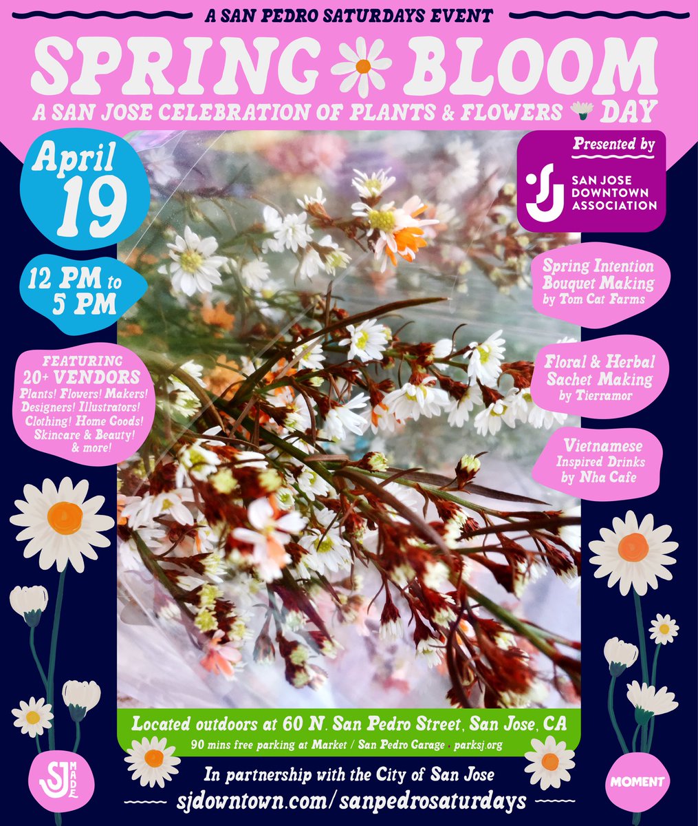 🌸 San Pedro Saturdays Spring Bloom event is this Saturday, April 19 from 12 - 5pm! As usual, admission is free.

👉 View more info at sjdowntown.com/sanpedrosaturd… or sanjosemade.com