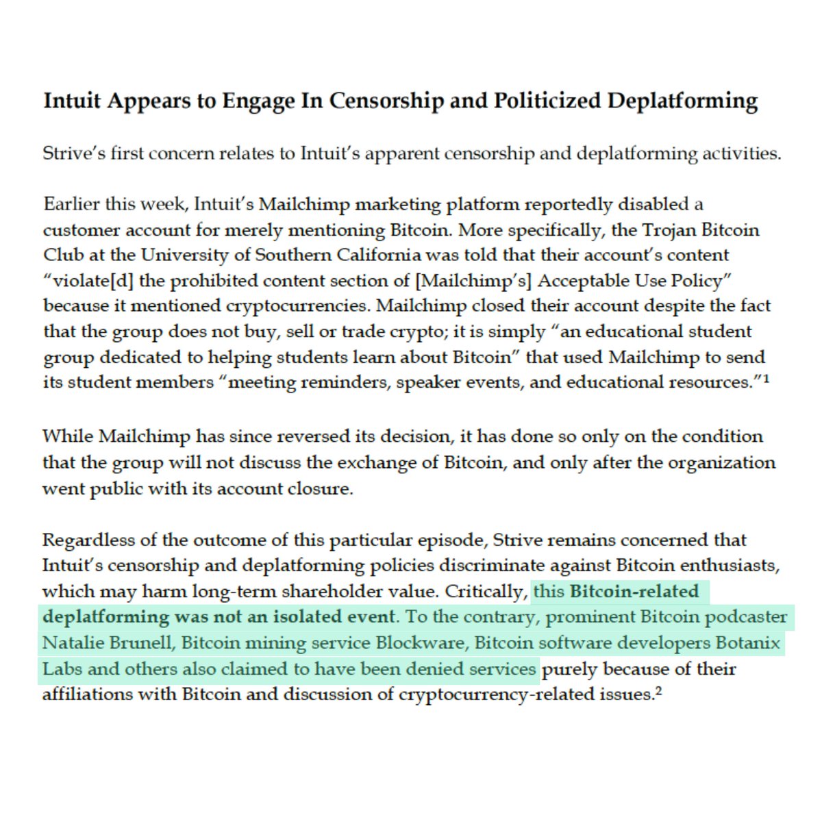 StriveFunds's tweet image. Intuit’s MailChimp is censoring Bitcoin—again.
Last week, it disabled USC’s Trojan Bitcoin Club account.
Previous victims? @BlockwareTeam, @natbrunell, @BotanixLabs, and more.
This isn’t just anti-Bitcoin bias.
It’s anti-shareholder value.
On behalf of our clients—Intuit…