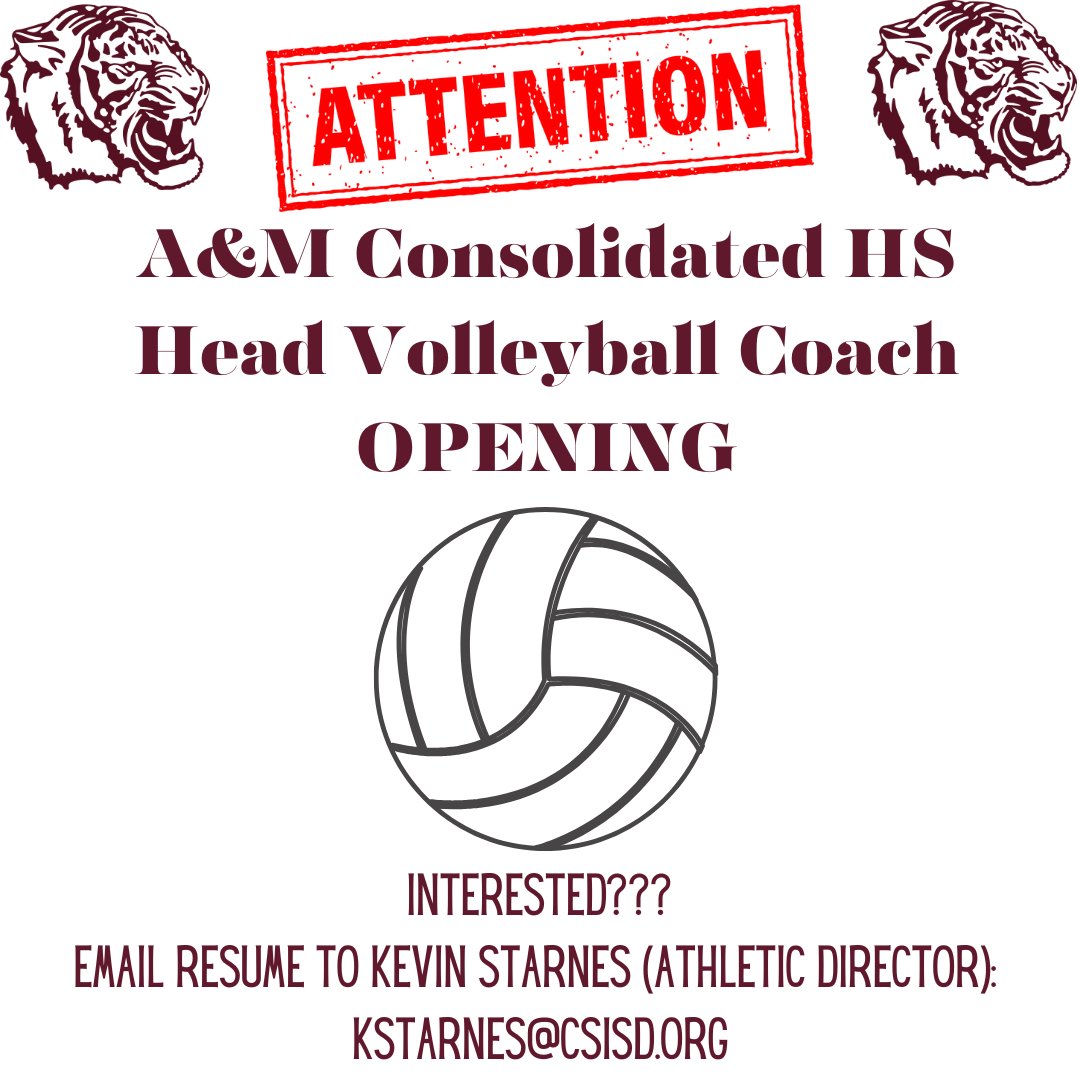 College Station ISD Athletics (@csisdathletics) on Twitter photo A&M Consolidated HS is looking for a new Head Volleyball Coach. This is a very talented group who went 35-11 last year (District Champs/Regional Finalists). Come join the team!
<a href="/THSCAcoaches/">THSCA</a>
<a href="/AustinTGCA/">TGCA</a>
<a href="/usavolleyball/">USA Volleyball</a> <a href="/NCAAVolleyball/">NCAA Women's Volleyball</a>
<a href="/USAVNorthTexas/">USAV North Texas</a> A&M Consolidated HS is looking for a new Head Volleyball Coach. This is a very talented group who went 35-11 last year (District Champs/Regional Finalists). Come join the team!
<a href="/THSCAcoaches/">THSCA</a>
<a href="/AustinTGCA/">TGCA</a>
<a href="/usavolleyball/">USA Volleyball</a> <a href="/NCAAVolleyball/">NCAA Women's Volleyball</a>
<a href="/USAVNorthTexas/">USAV North Texas</a>