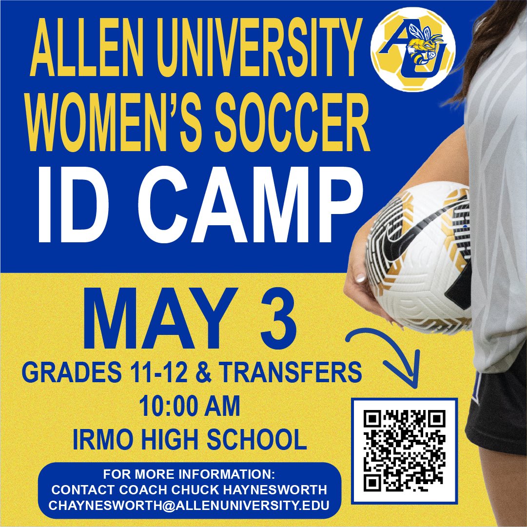 𝐖𝐨𝐦𝐞𝐧’𝐬 𝐒𝐨𝐜𝐜𝐞𝐫 𝐈𝐃 𝐂𝐚𝐦𝐩

Join us on Saturday, May 3 for an ID Camp hosted by Allen Women’s Soccer! Open to high school juniors and seniors, and collegiate transfers! Scan the QR code below to register today!
