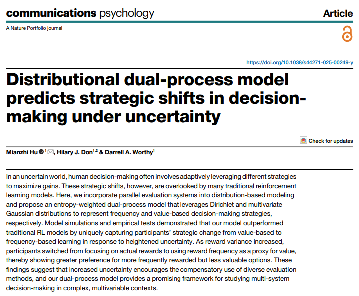 In a new paper out from our lab with first-author <a href="/HuMianzhi80965/">Mianzhi (Rudolf) Hu</a> and <a href="/hilaryjdon/">Hilary Don</a>, we present a model where uncertainty, modulates control of decision-responses between a Gaussian system that learns exact reward values, and a Dirichlet system that learns reward frequency.