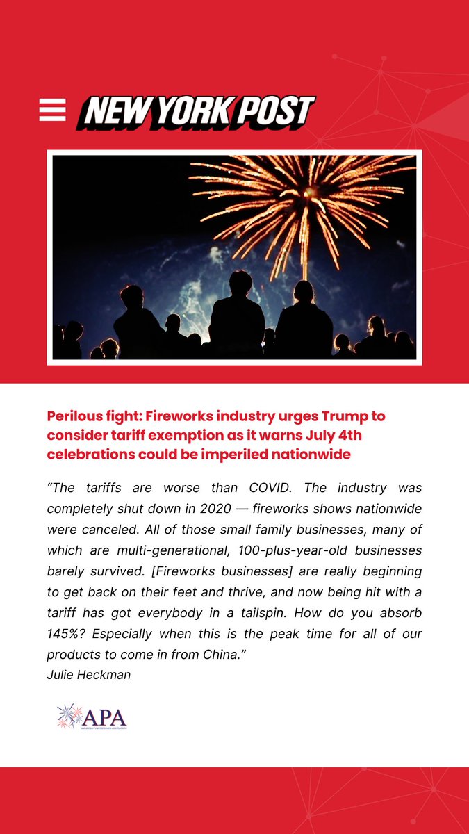Today, Julie Heckman, sat down with the New York Post to shine a spotlight on the challenges facing the fireworks industry. 

Read the full interview here: nypost.com/2025/04/15/us-…