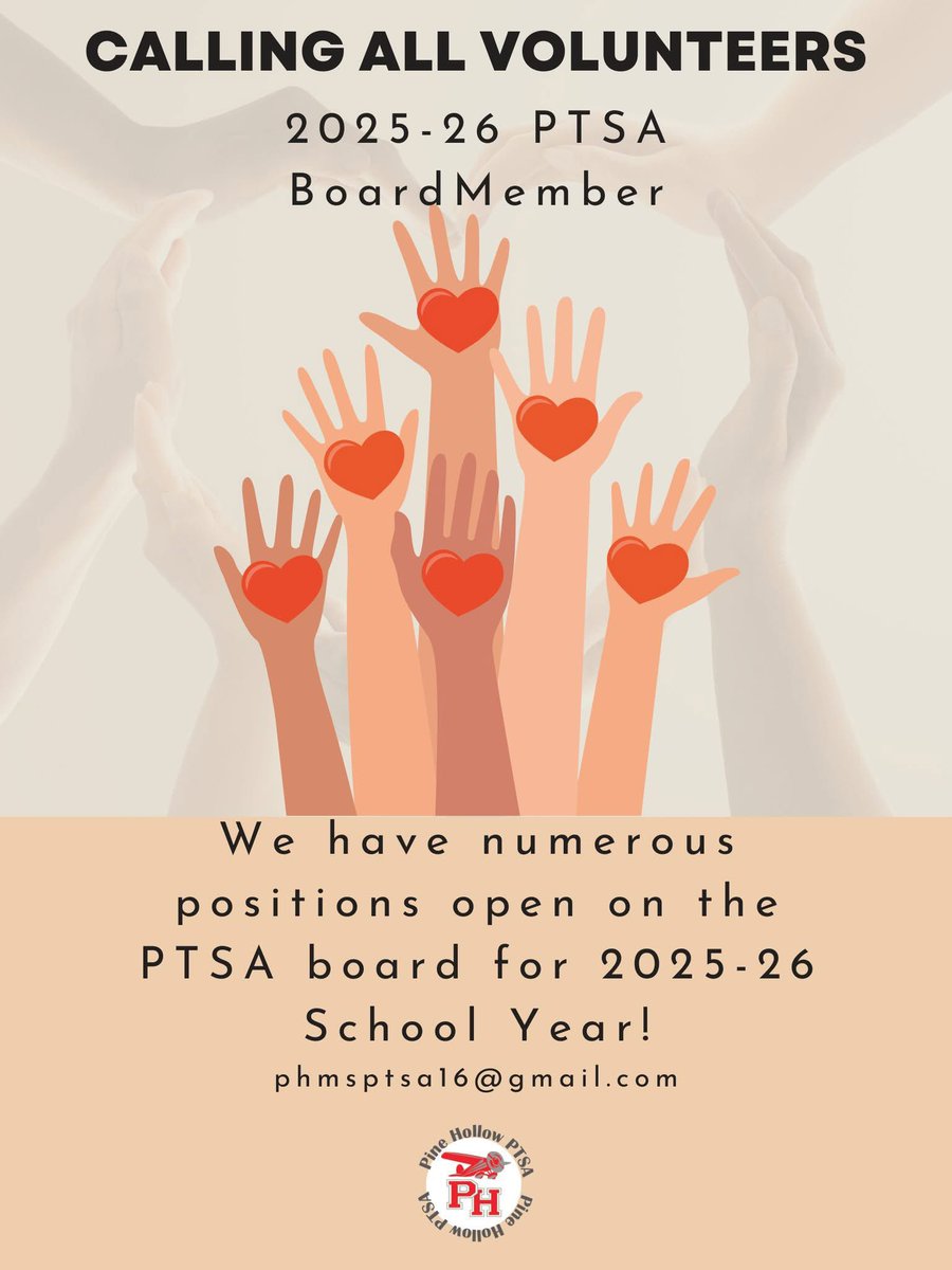 It's that time of year where we need new volunteers for our 2025-2026 PTSA board! We have numerous positions available. Come join the fun and get involved with our awesome school and community! Shoot us a message - phmsptsa16@gmail.com with questions and if you are interested!