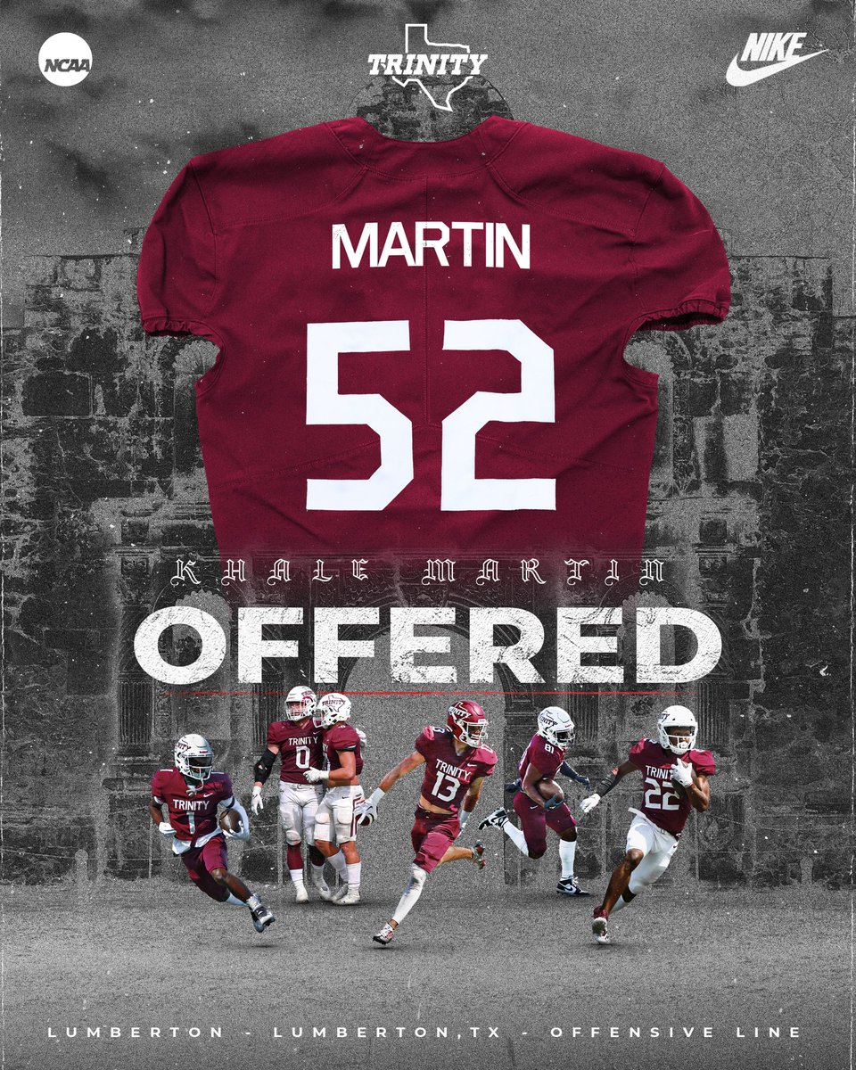 Khale Martin (@khalemartin1) on Twitter photo After a great visit and conversation with @JerhmeUrban83 and <a href="/CoachLytal/">TUFB Coach_Lytal</a>. I’m blessed to receive my first collegiate football offer to Trinity University! #TrinityFootball #TigerPride
<a href="/CoachCMcDonald3/">Chase McDonald</a> <a href="/Coach_Walters92/">Corbin Walters</a> <a href="/tylerdedwards33/">Tyler Edwards</a> After a great visit and conversation with @JerhmeUrban83 and <a href="/CoachLytal/">TUFB Coach_Lytal</a>. I’m blessed to receive my first collegiate football offer to Trinity University! #TrinityFootball #TigerPride
<a href="/CoachCMcDonald3/">Chase McDonald</a> <a href="/Coach_Walters92/">Corbin Walters</a> <a href="/tylerdedwards33/">Tyler Edwards</a>