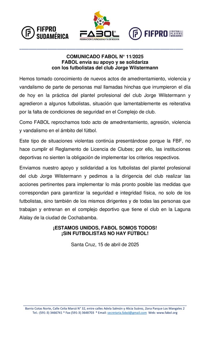 comunicado 011-2025 de <a href="/fabol_Bolivia/">Federación S. de Futbolistas P. de Bolivia</a> a la opinión publica.
#sinfutbolistasnohayfutbol
#futbolboliviano
#fbf