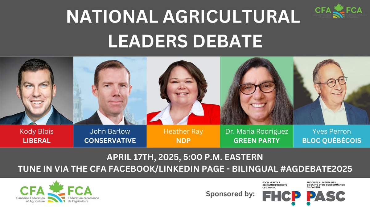 The <a href="/CFAFCA/">CFA</a> is hosting an Agriculture Leaders Debate on April 17 at 5:00 P.M. EST. Watch debate on their Facebook page facebook.com/CanadianFedera… to hear where all major parties stand on the biggest issues in #cdnag.
