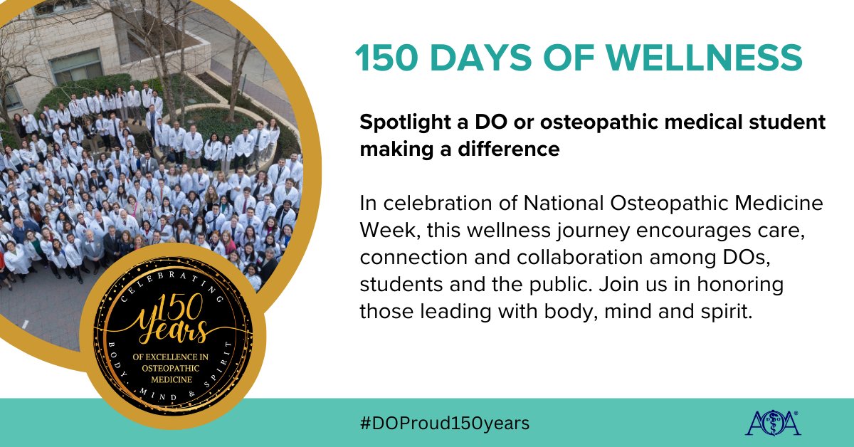 This National Osteopathic Medicine Week, help us spotlight a DO or osteopathic medical student making a difference. Know someone who embodies this spirit? Tag them below! 
#NOMWeek #DOProud #DOProud150years