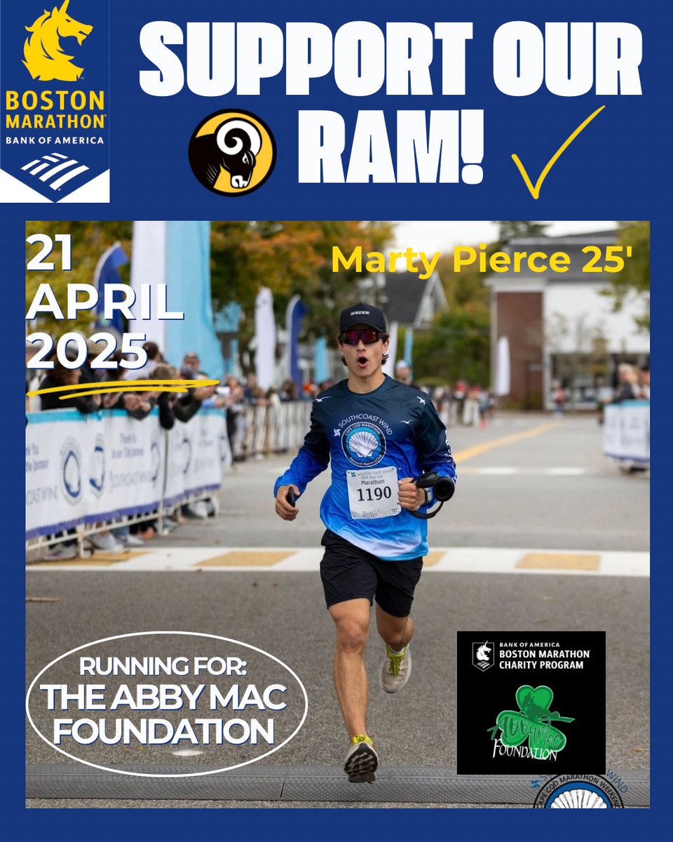 Huge Ram Shoutout!!

Next Monday, our own Ram - Marty Pierce 25’ - will be running the 129th Boston Marathon for the first time in support of the Abby Mac Foundation. After completing the Cape Cod Marathon last fall in 3:22, Marty has worked hard all year to prepare for the race